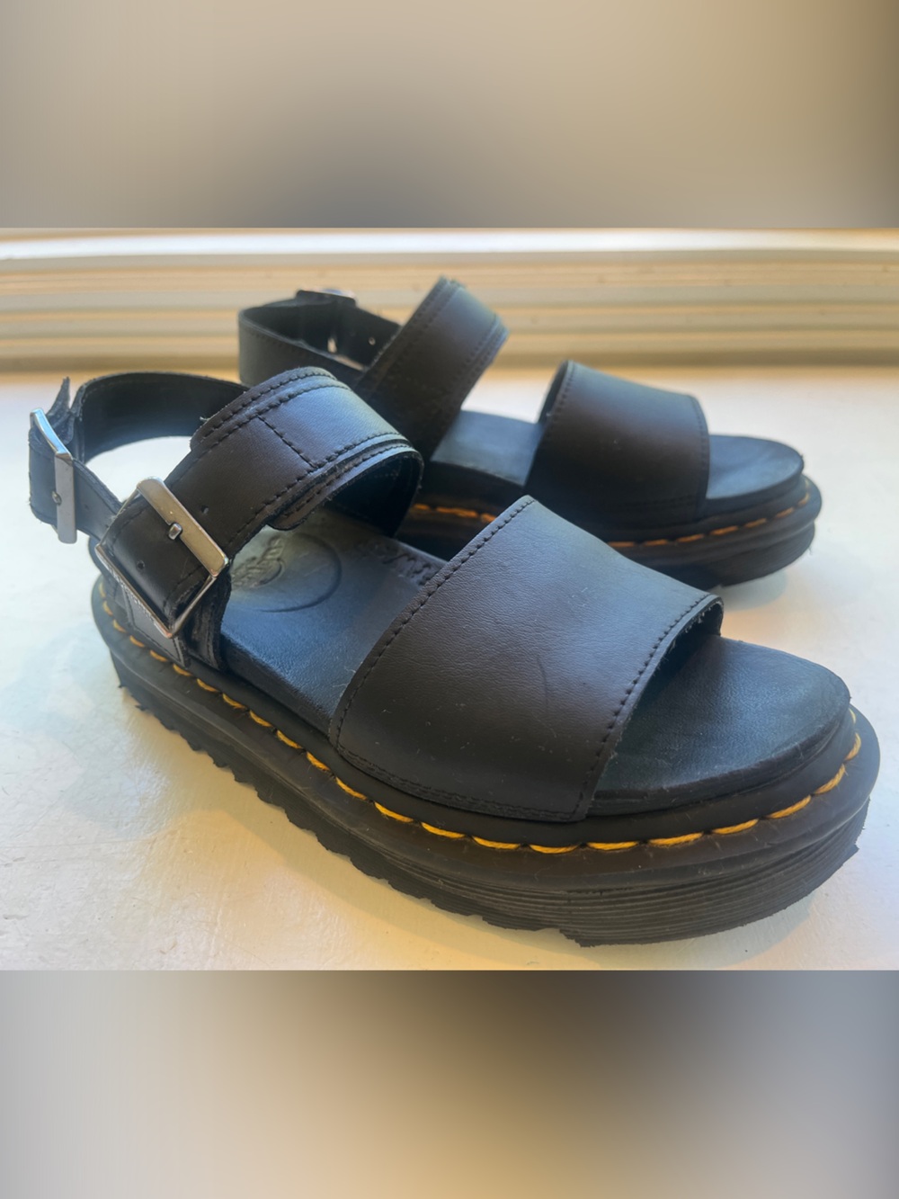 Dr. Martens Voss Black Leather Sandals with Yellow Stitching Single Strap